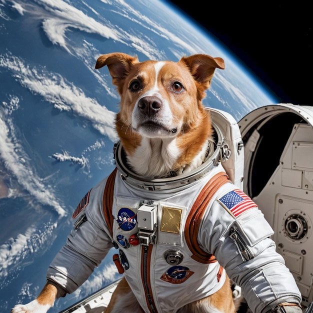 a dog wearing a space suit with the space shuttle in the background