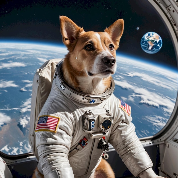 a dog wearing a space suit with the space shuttle in the background