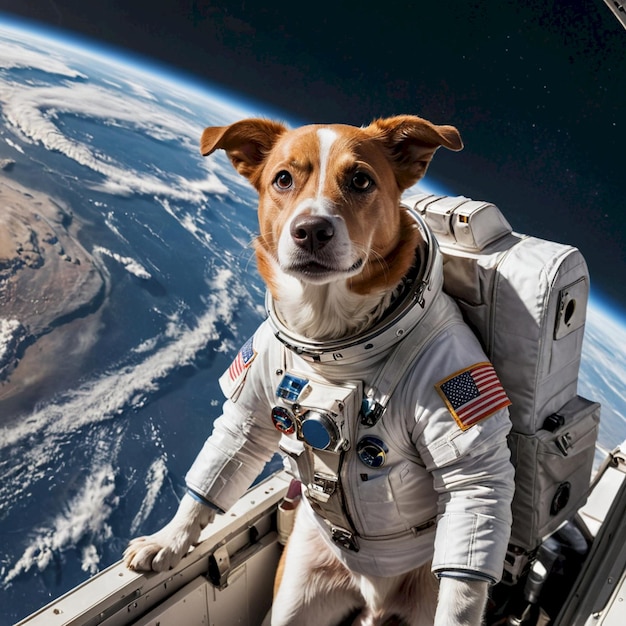 a dog wearing a space suit with the space shuttle in the background