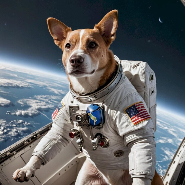 a dog wearing a space suit with the space shuttle in the background