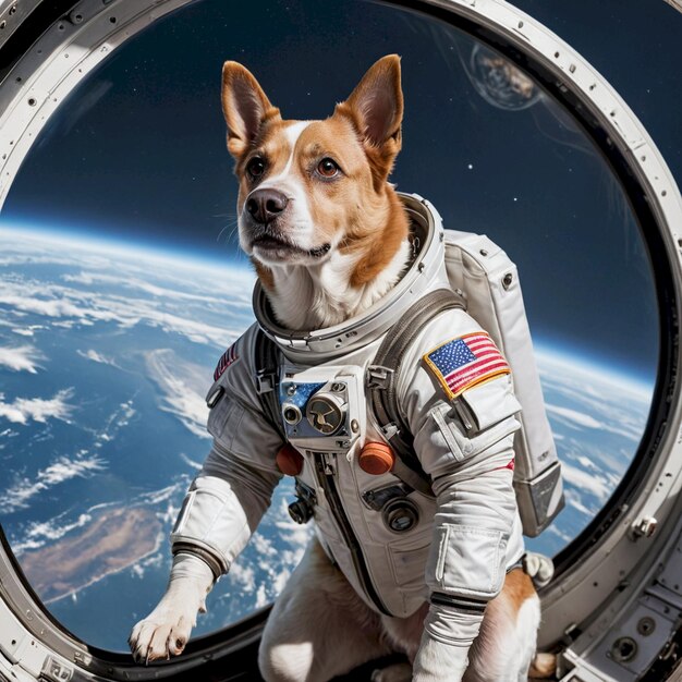 a dog wearing a space suit with the space shuttle in the background