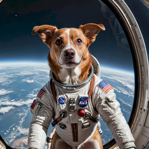 a dog wearing a space suit with the space shuttle in the background