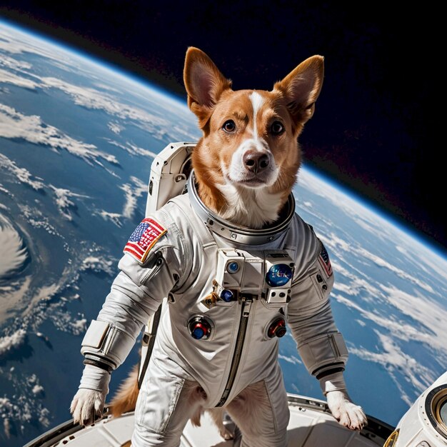 a dog wearing a space suit with the word nasa on it