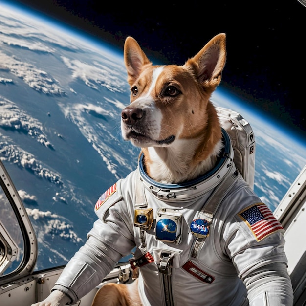 a dog wearing a space suit with the word nasa on it