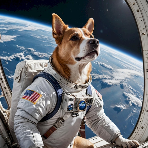 a dog wearing a space suit with the words  nasa  on the back