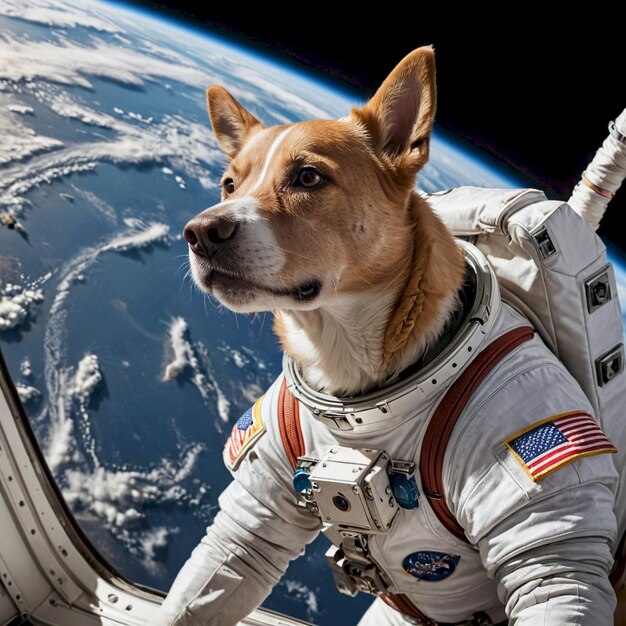 a dog wearing a space suit with the words  nasa  on the back