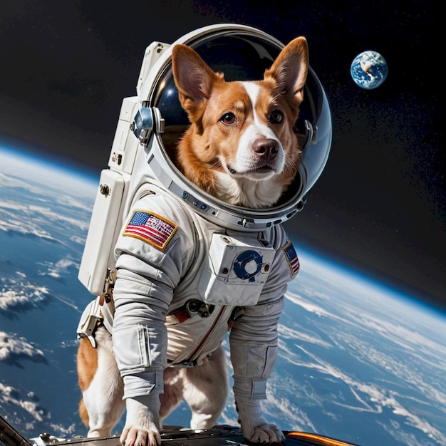 Photo a dog wearing a space suit with the words  nasa  on the bottom