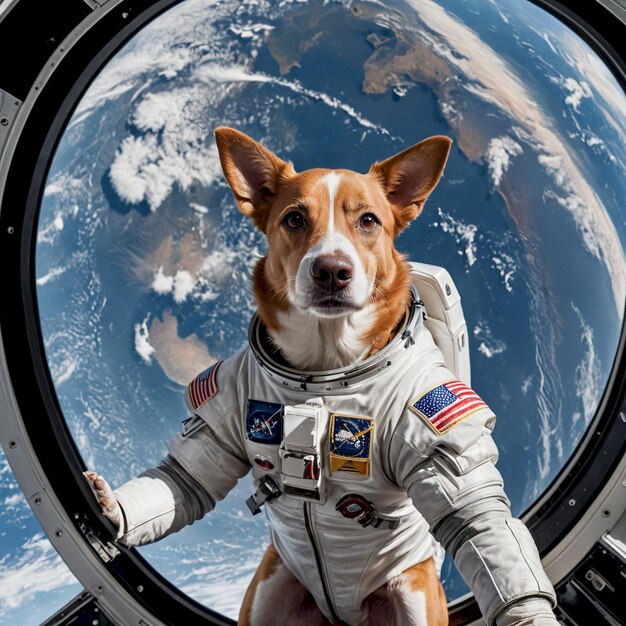 a dog wearing a space suit with the words nasa on it