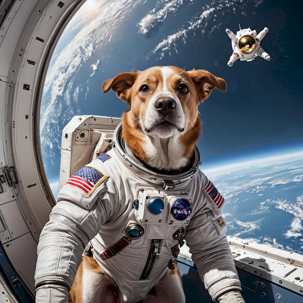 a dog wearing a space suit with the words nasa on it