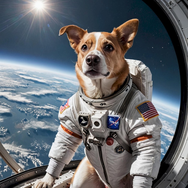 a dog wearing a space suit with the words  nasa  on the side