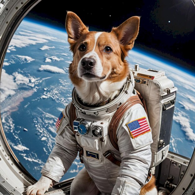 a dog wearing a space suit with the words  nasa  on the side