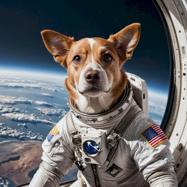 a dog wearing a space suit with the words  nasa  on the side