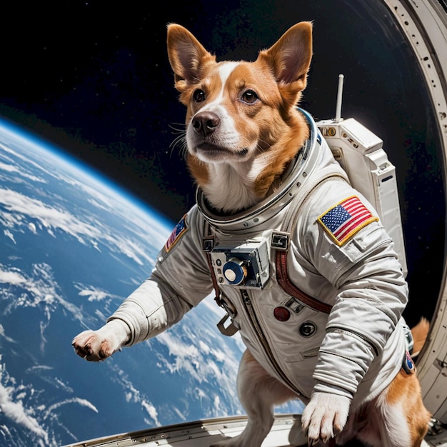 a dog wearing a space suit with the words  nasa  on the side