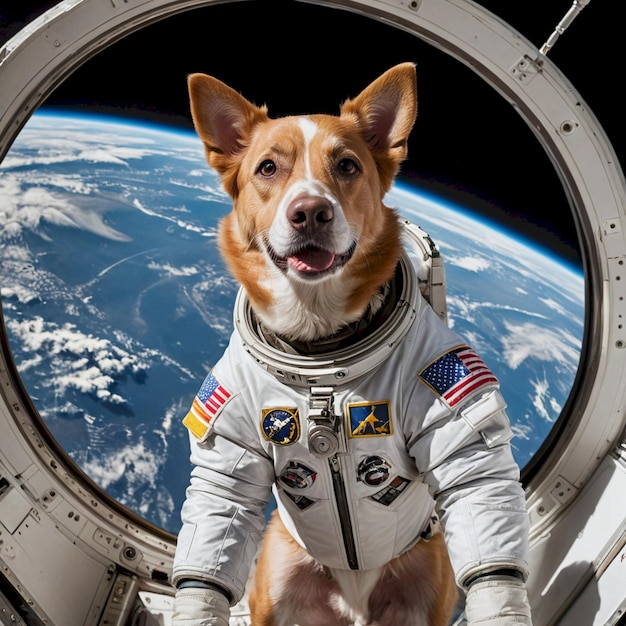 a dog wearing a space suit with the words  nasa  on the side