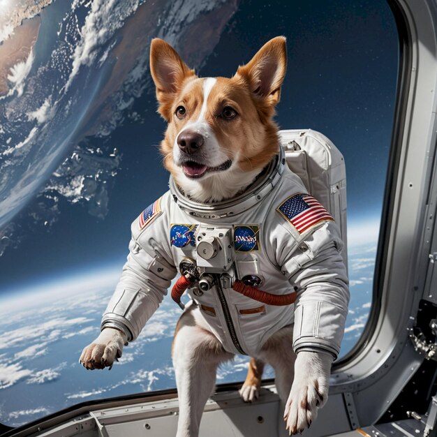 a dog wearing a space suit with the words  nasa  on the side