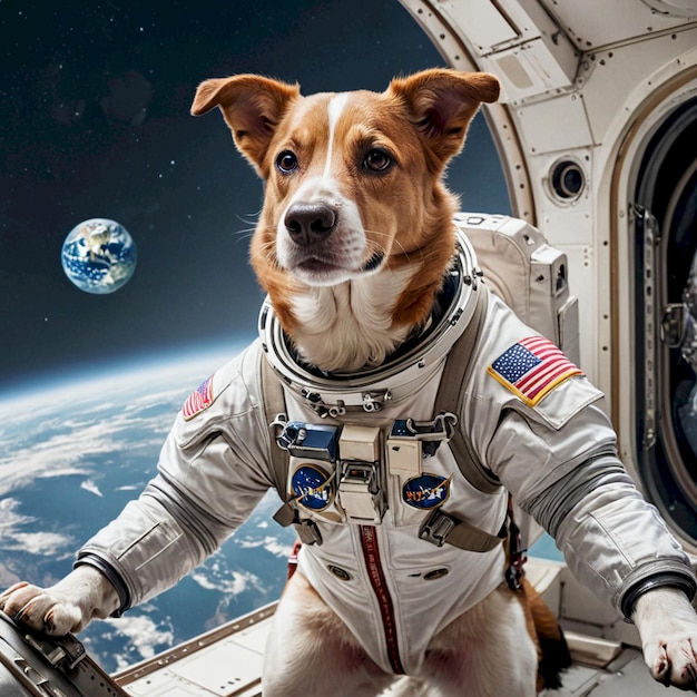 a dog wearing a space suit with the words  space  on the bottom