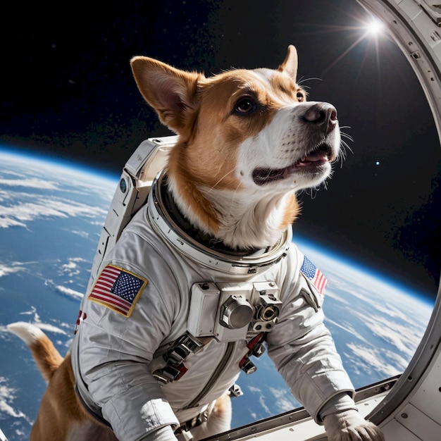 a dog wearing a space suit with the words  us air  on the side