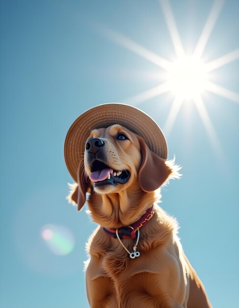 Photo a dog wearing a straw hat is standing in the sun