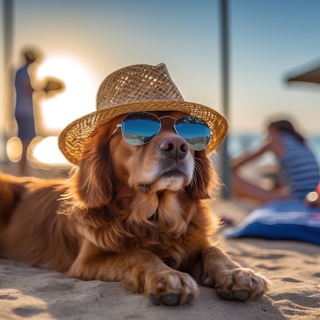 A dog wearing a straw hat and sunglasses on a beach