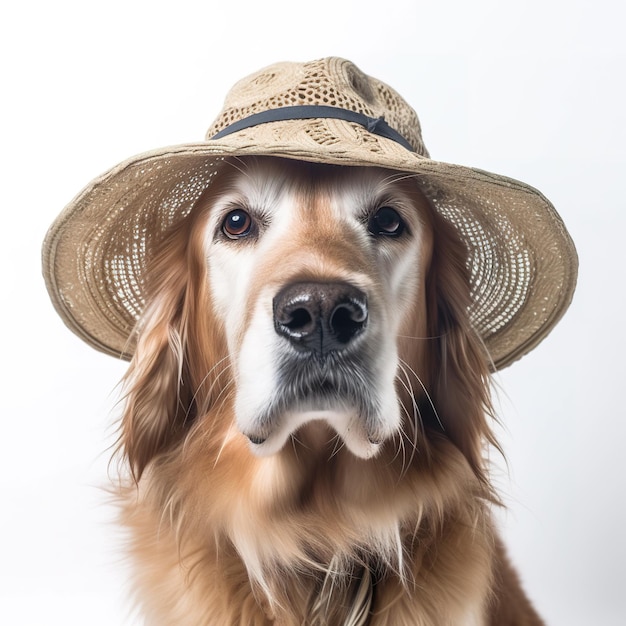 A dog wearing a straw hat with the word dog on it.