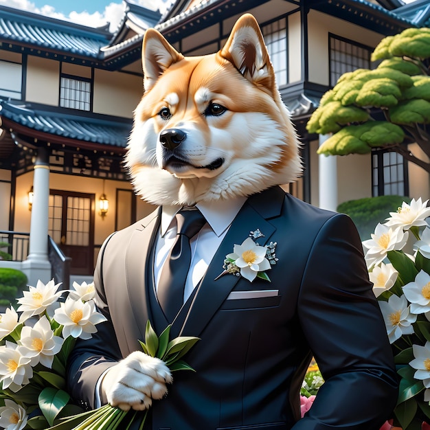 a dog wearing a suit and tie holding flowers in front of a house