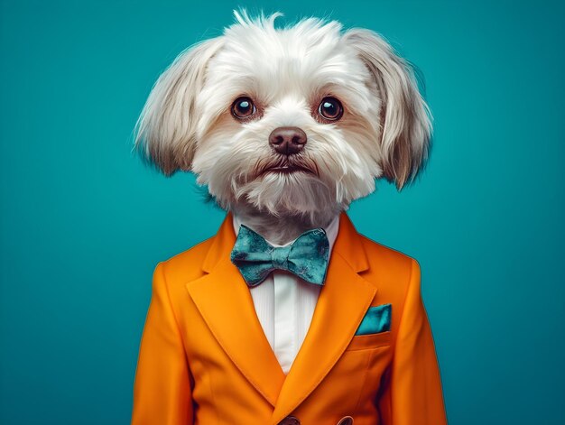 Photo a dog wearing a suit and tie with a bow tie on it