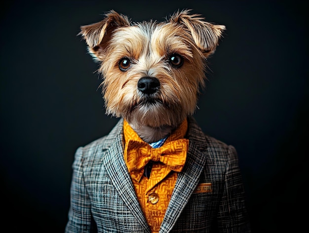 a dog wearing a suit and a yellow bow tie