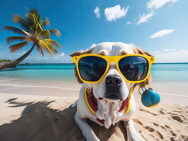 Dog wearing sun glasses on the beach ai generative