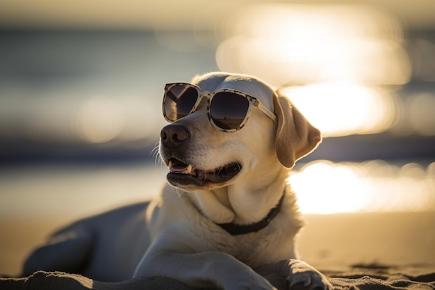 A dog wearing sunglasses on a beach