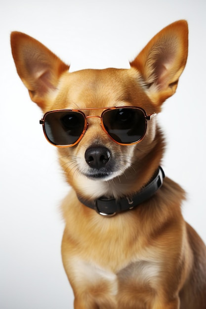 A dog wearing sunglasses and a collar with a black collar.