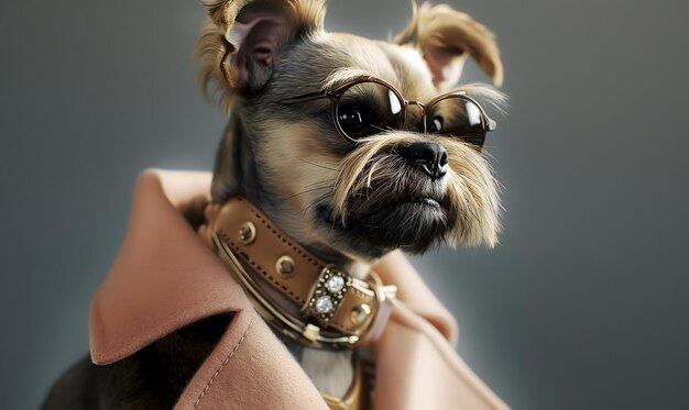 a dog wearing sunglasses and a collar with a dog wearing a leather belt