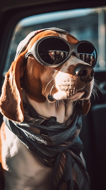 A dog wearing sunglasses and a hat sits in a car.