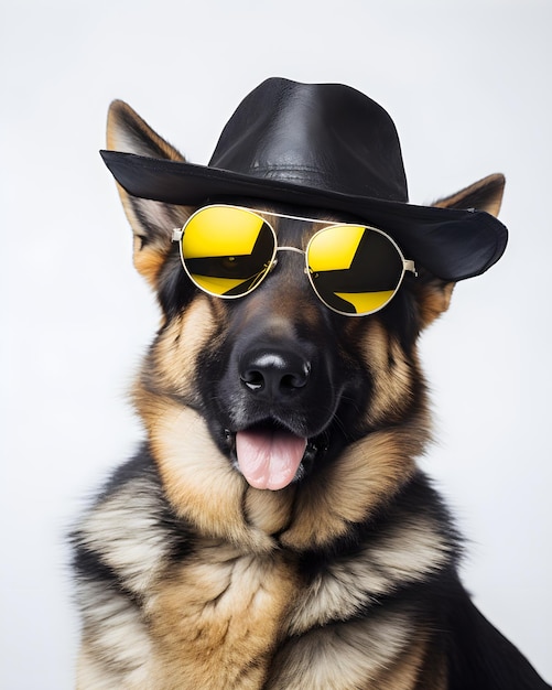 A dog wearing sunglasses and hat