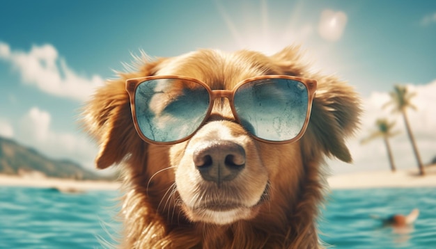 A dog wearing sunglasses is on a beach