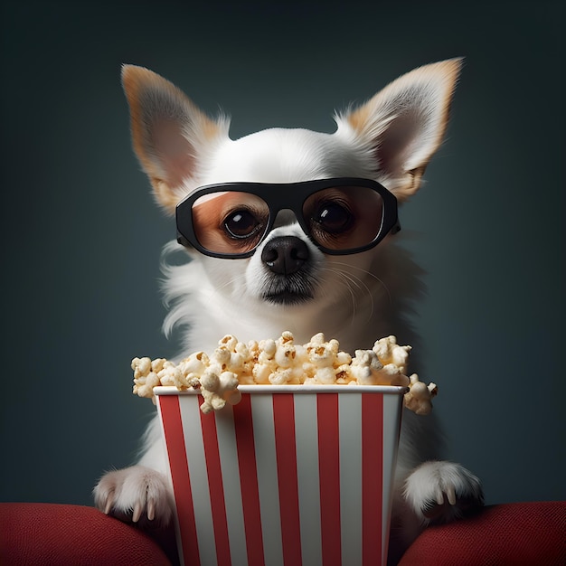 A dog wearing sunglasses is eating popcorn in front of a dark background.