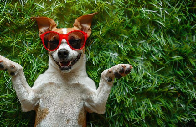 Photo a dog wearing sunglasses is laying on the grass the dog is smiling and he is enjoying the sunny day