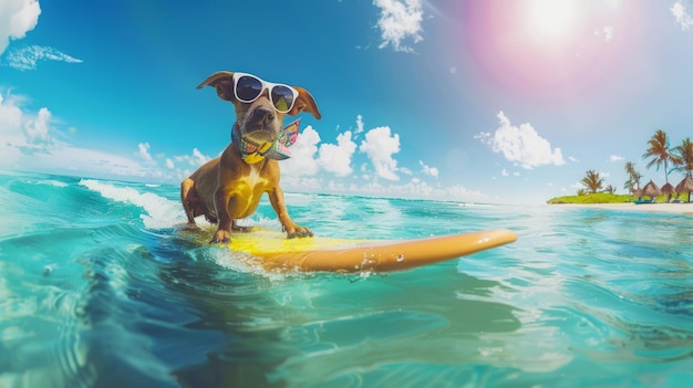 a dog wearing sunglasses is surfing in the water