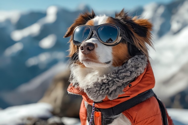 Photo a dog wearing sunglasses and a jacket in the snow