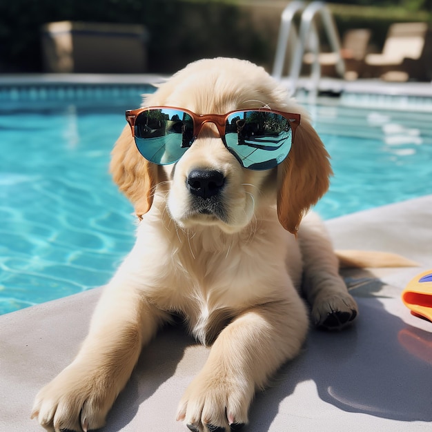 A dog wearing sunglasses and laying next to a pool with a pool in the background.