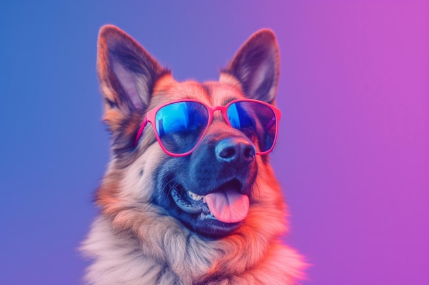 A dog wearing sunglasses and a pink and blue background