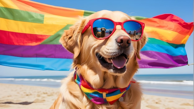 a dog wearing sunglasses and a rainbow colored shirt