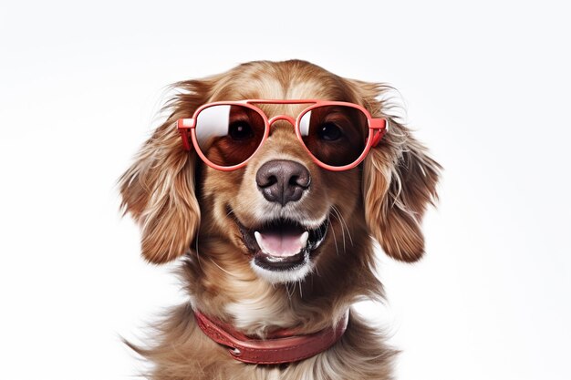 A dog wearing sunglasses and a red collar