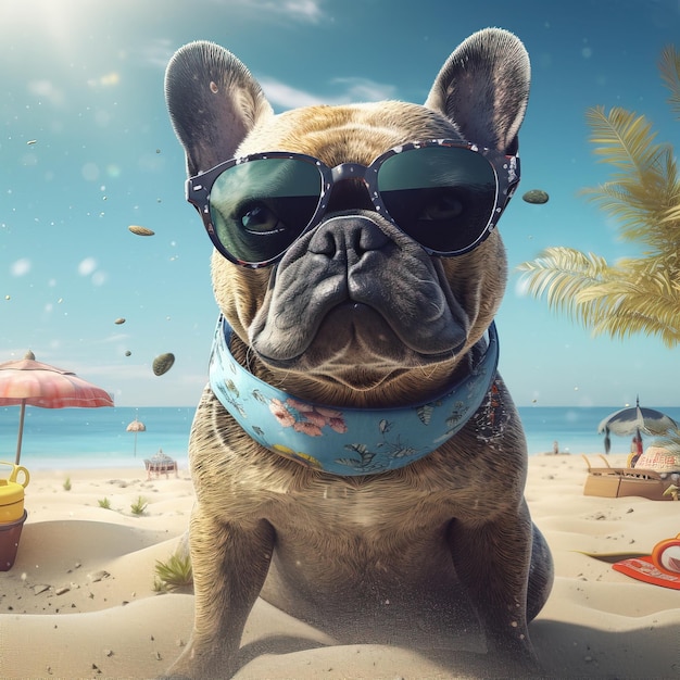 A dog wearing sunglasses and a scarf is on a beach with a beach scene in the background.