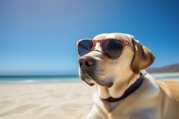 A dog wearing sunglasses sits on a beach