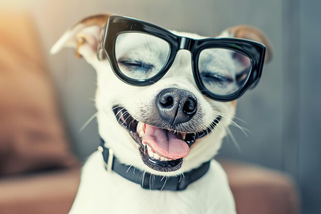 Photo a dog wearing sunglasses and smiling