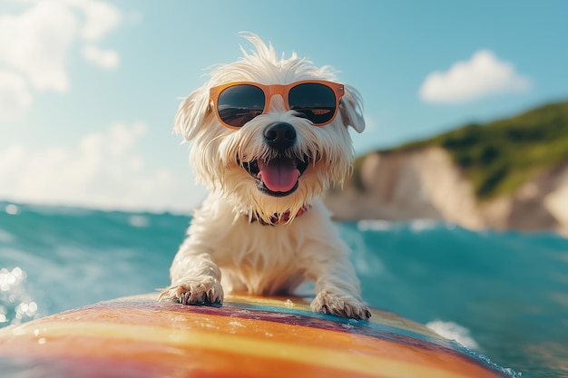 Photo dog wearing sunglasses standing on a surfboard in the sea animal activities