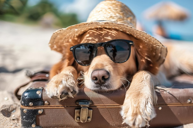 Photo a dog wearing sunglasses and a straw hat lays on a suitcase generative ai image