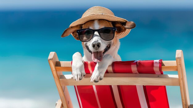 Photo a dog wearing sunglasses and a straw hat relaxes in a lounge chair on a beach