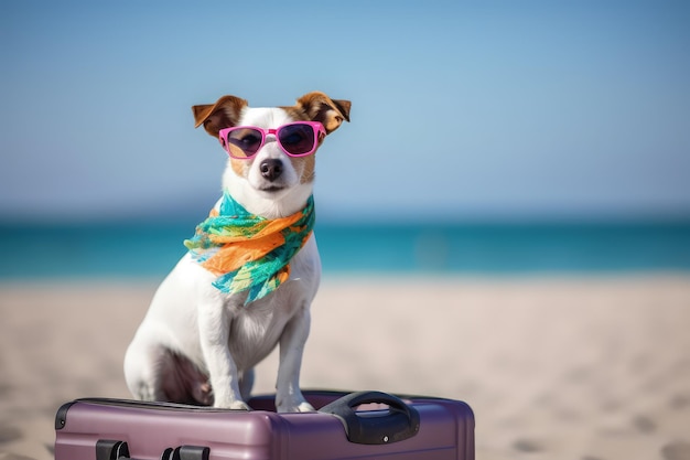 Dog wearing sunglasses on a suitcase on the beach