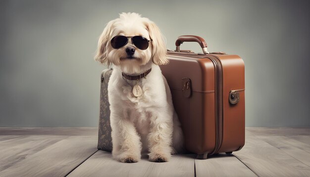 a dog wearing sunglasses and a suitcase with sunglasses on it